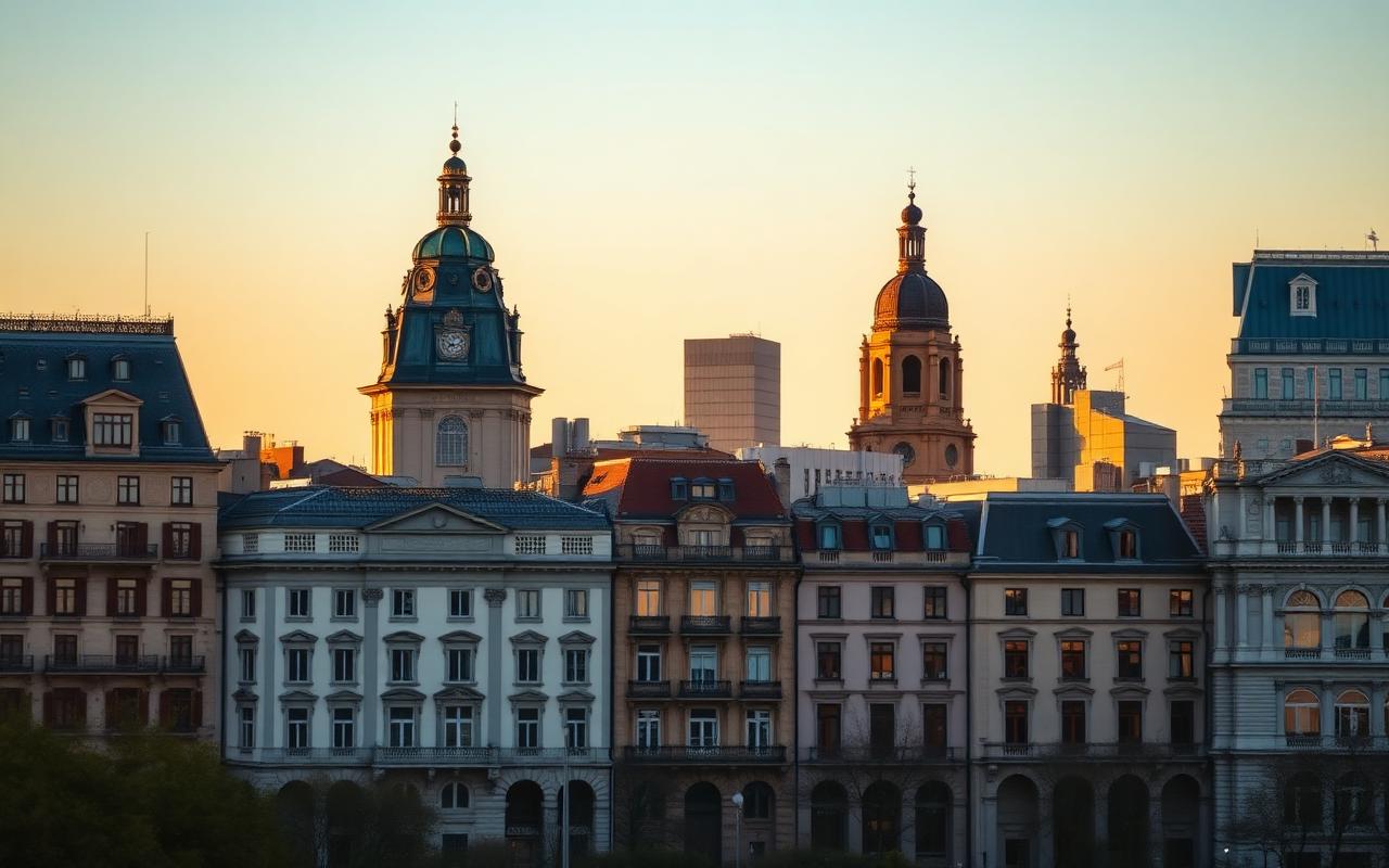 Europäische Bankenmetropole bei Sonnenuntergang